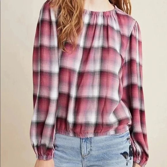 Cloth & Stone Anthropologie Glacier Plaid Elastic Cuff Blouse Raspberry Pink M - Picture 11 of 12